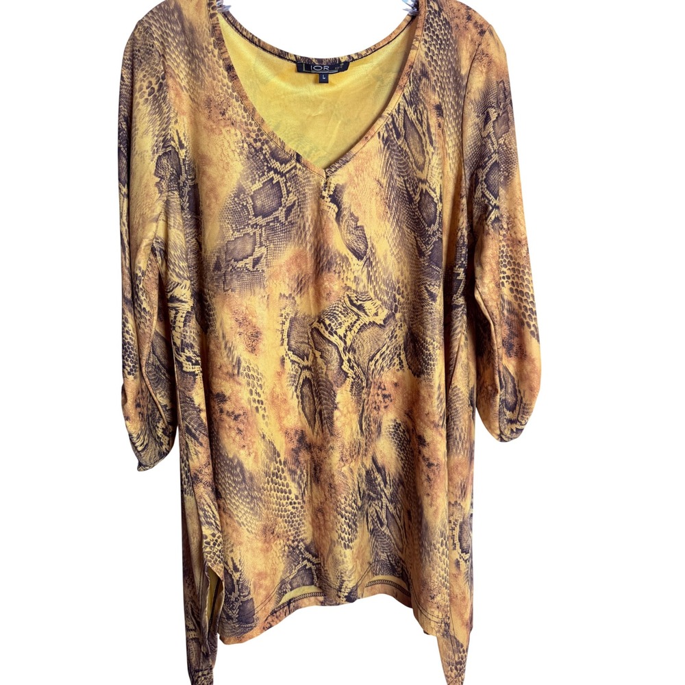 Lior Paris Snakeskin V-Neck Blouse Women Large Yellow S4000 Animal Print